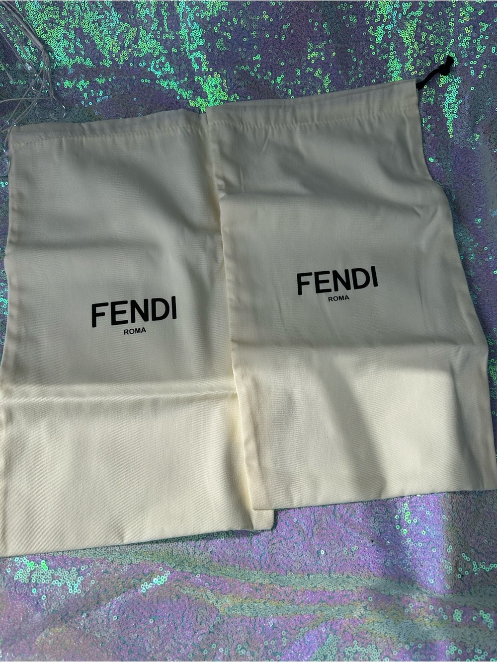 Fendi Cream Drawstring Dust Bag Pair with Black Logo